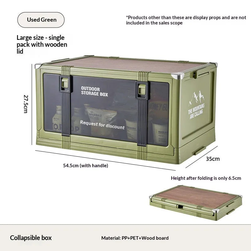 Outdoor camping folding plastic storage box with wooden lid in cream white for car trunk organisation
