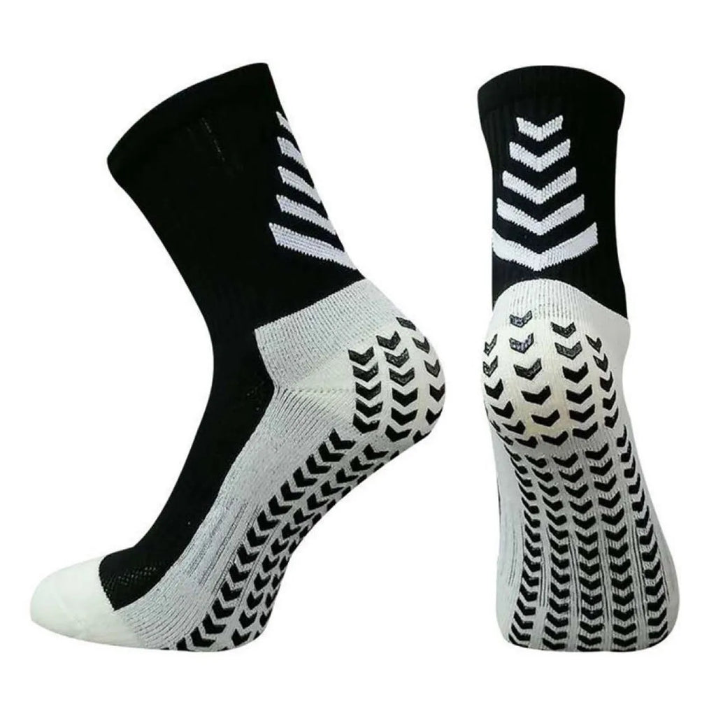 Men's black and green mid-calf athletic socks with a geometric pattern and non-slip silicone grip.