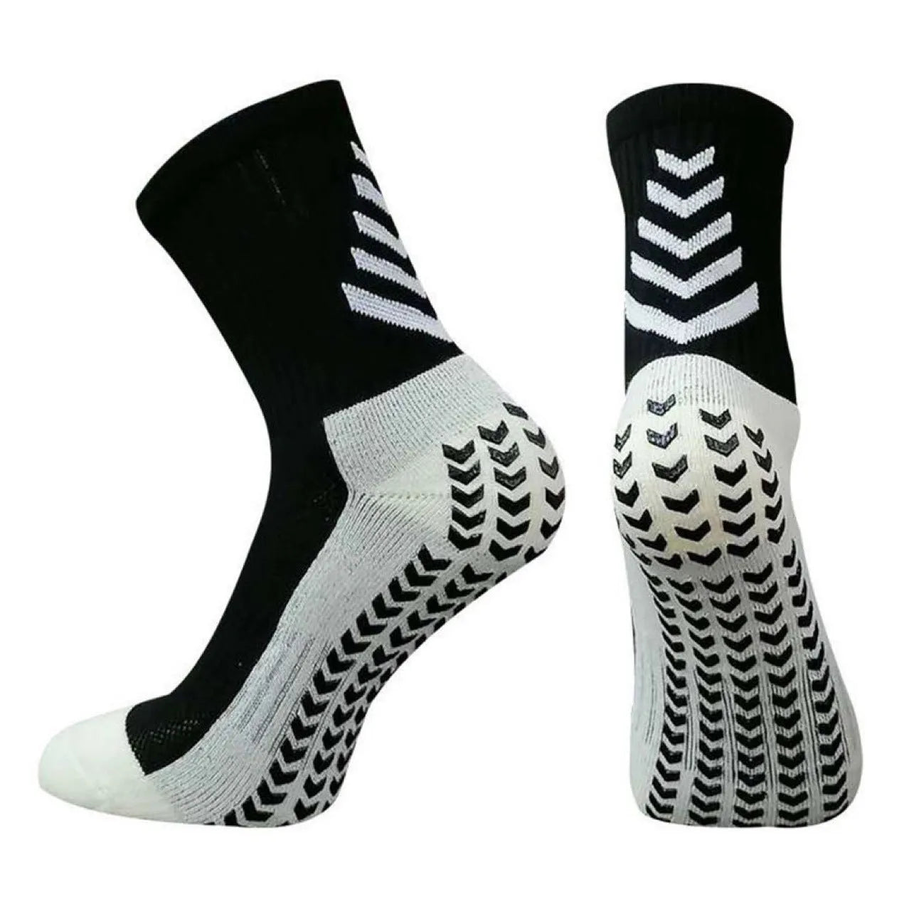 Men's black and green mid-calf athletic socks with a geometric pattern and non-slip silicone grip.