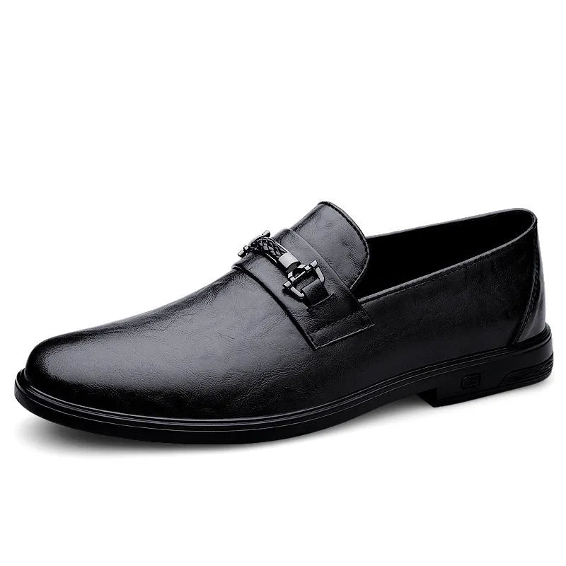 Gentleman formal wear low-top slip-on cowhide shoes, black, with round toe and chunky heel