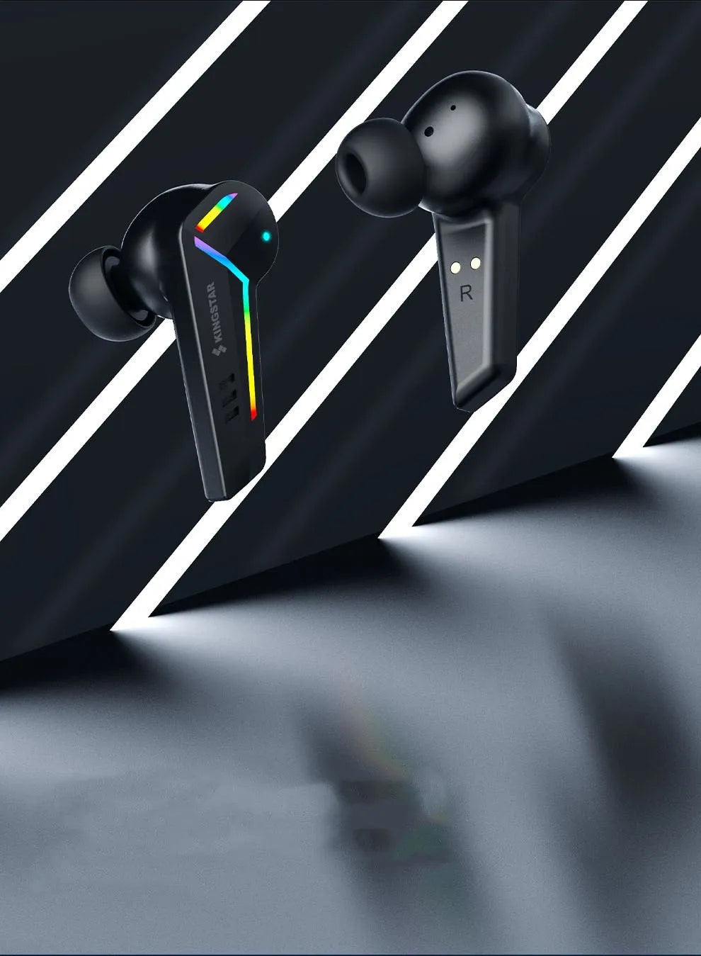 Black TWS Bluetooth in-ear sports headset with charging case on a plain background.