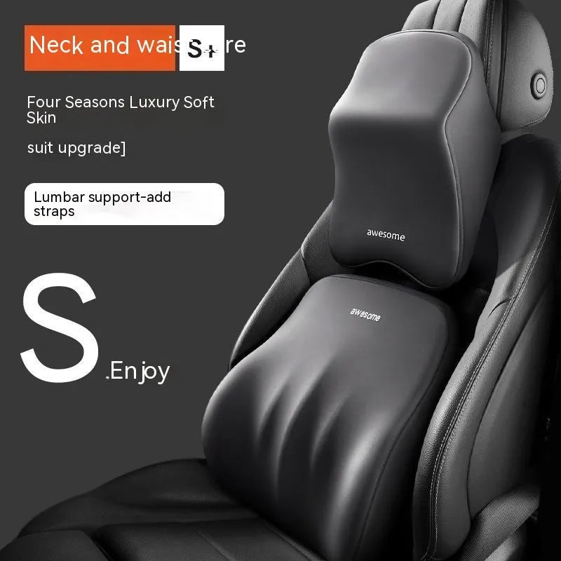Car headrest and lumbar support pillow set in one of four colours: black, gray, blue, or pink, with memory foam filler.