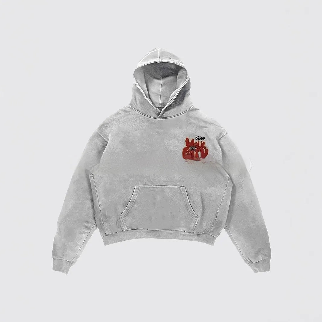 Granny grey women's hoodie with character print design and pocket