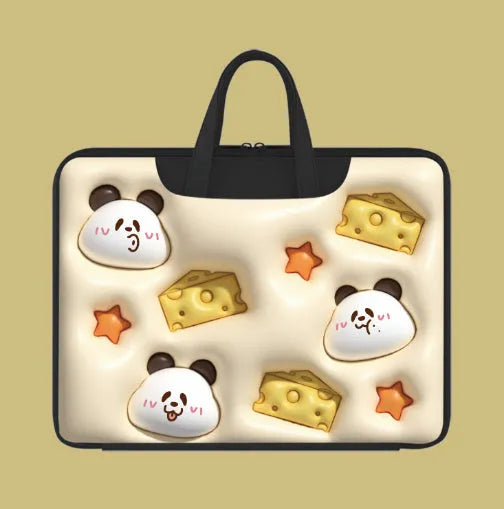 Inflatable PU leather laptop bag with cartoon design hanging from suitcase handle