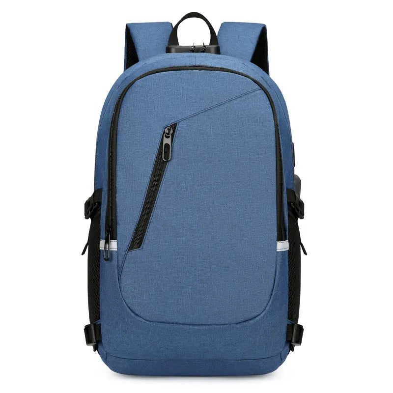 Blue unisex Oxford cloth computer backpack with a street style design, shown from the side.