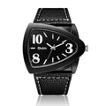 Men's casual brown triangle belt quartz watch with a 9mm thick case on a wrist.