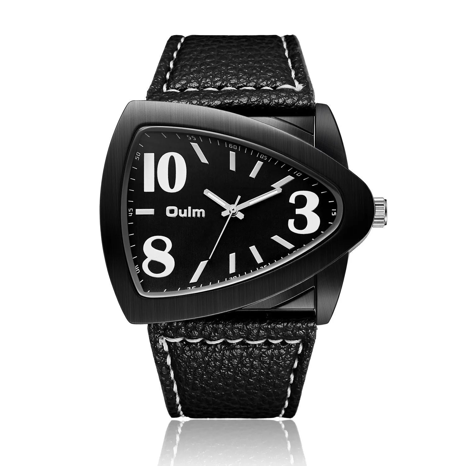 Men's casual brown triangle belt quartz watch with a 9mm thick case on a wrist.