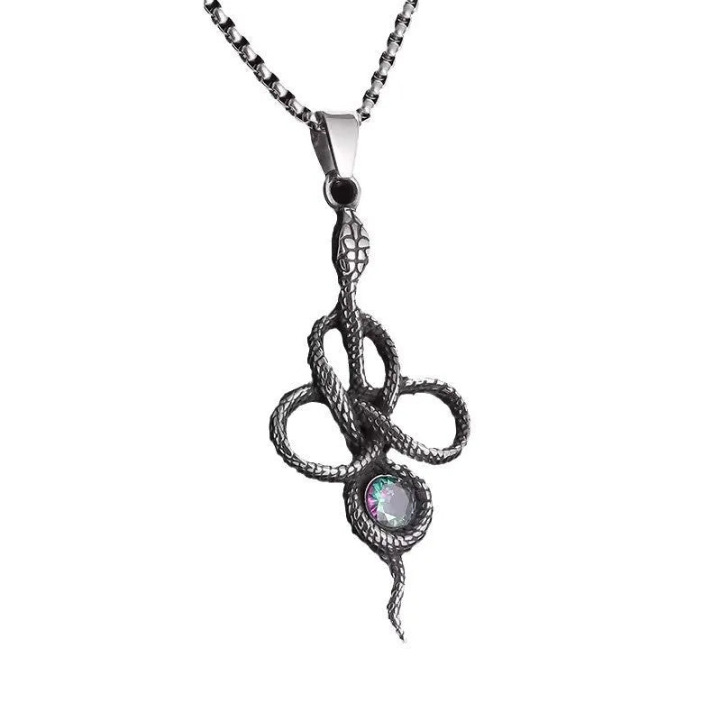 Vintage snakelike winding alloy pendant necklace with inlaid jewel on a pearl chain, 51-60cm perimeter