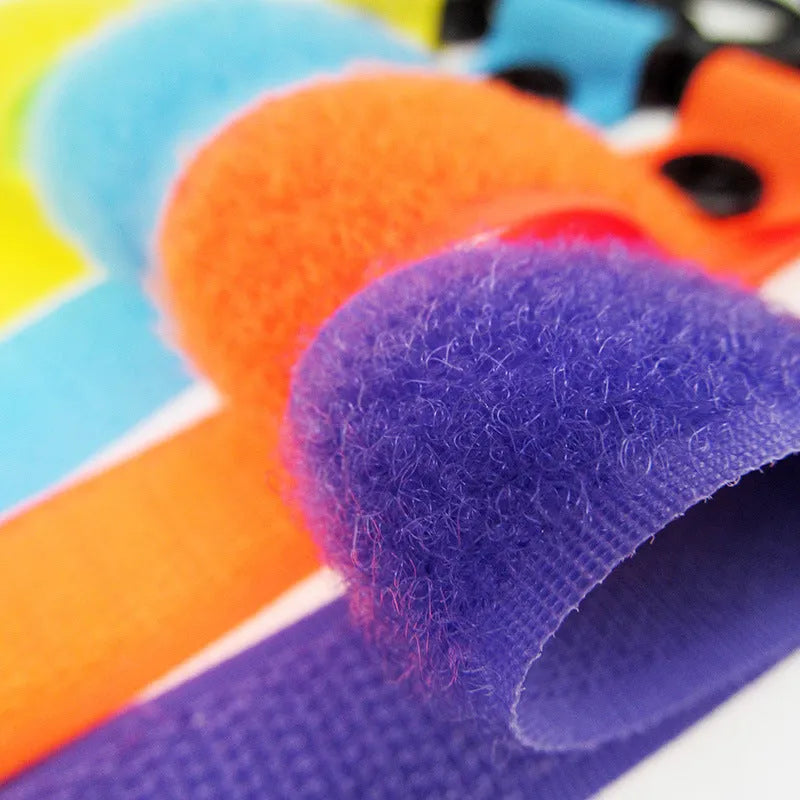 Nylon luggage velcro hook in assorted colours on white background with independent OPP packaging.