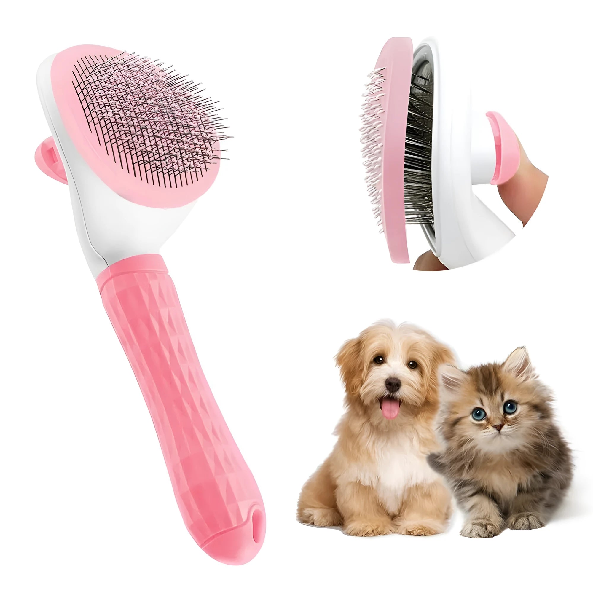 A grey cat grooming brush with a release button and fine wire bristles, shown removing loose fur.