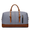 Large blue striped canvas travel bag with single shoulder strap, soft handle, zip opening, and internal pockets.