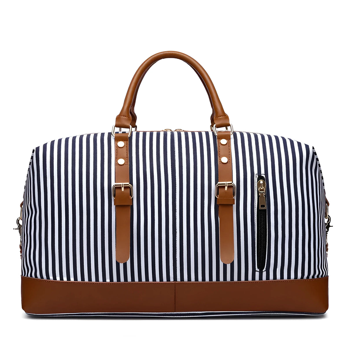 Large blue striped canvas travel bag with single shoulder strap, soft handle, zip opening, and internal pockets.