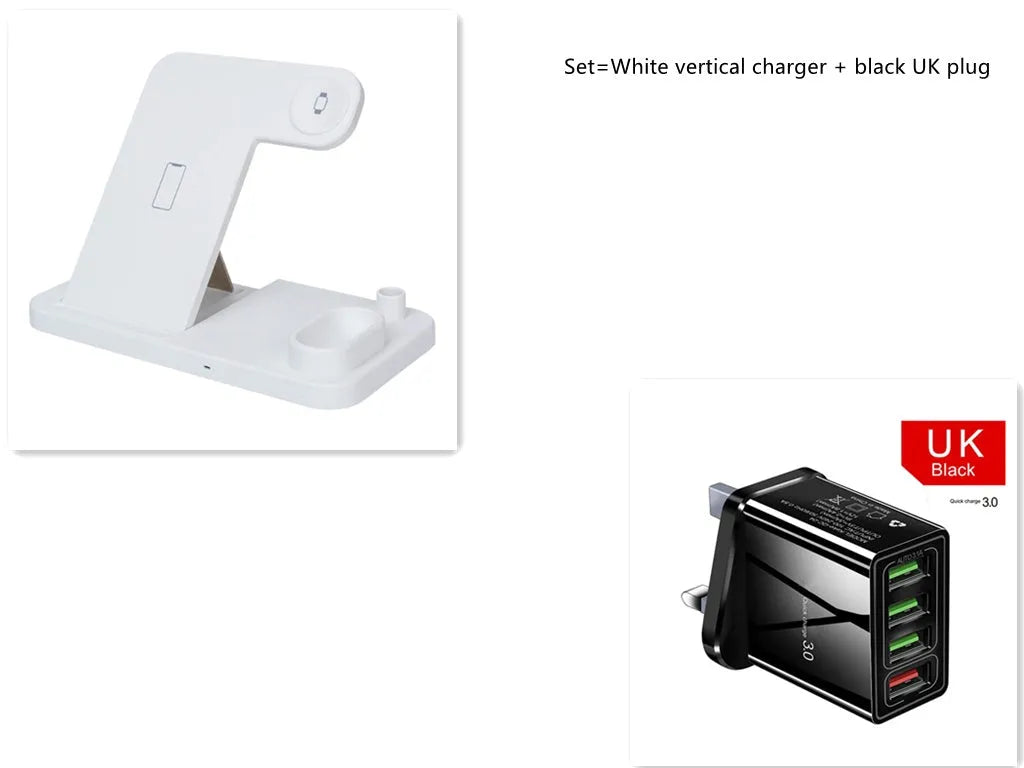Black 4-in-1 wireless charging dock with phone on adjustable stand, Apple Watch, AirPods, and Apple Pencil charging simultaneously.