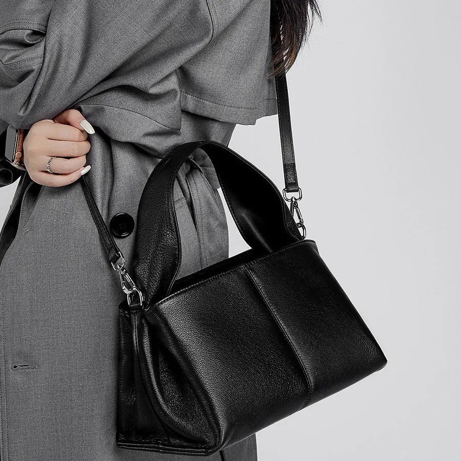 Female retro texture genuine leather messenger bag in horizontal square design with double shoulder straps