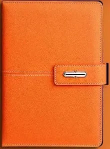 A5 notebook with PU leather cover in choice of colour, shown open on wood-free paper pages.