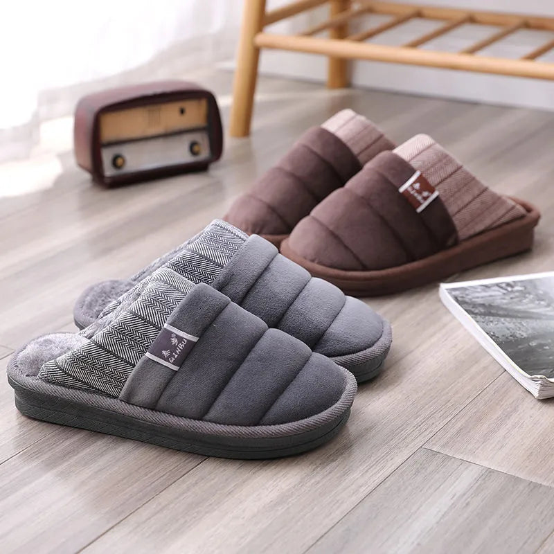 Unisex indoor winter slippers with plush insole and rubber outsole in coffee and grey colours
