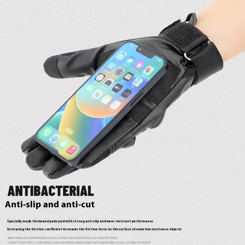 Men's black full finger tactical gloves with touch screen compatible fingertips on a hand.
