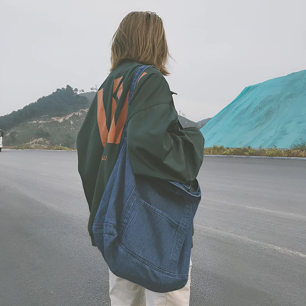 Canvas denim shipping bag large capacity tote bag women's shoulder bag with polyester lining Dark Blue