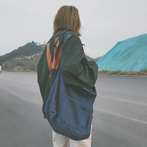 Canvas denim shipping bag large capacity tote bag women's shoulder bag with polyester lining Dark Blue