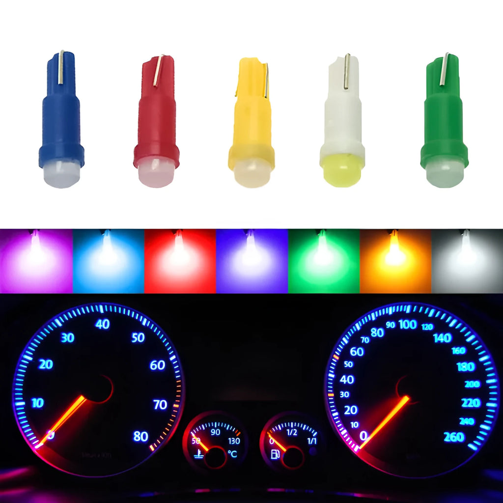 T5 LED car bulb in multiple colours for dashboard and instrument panel lighting