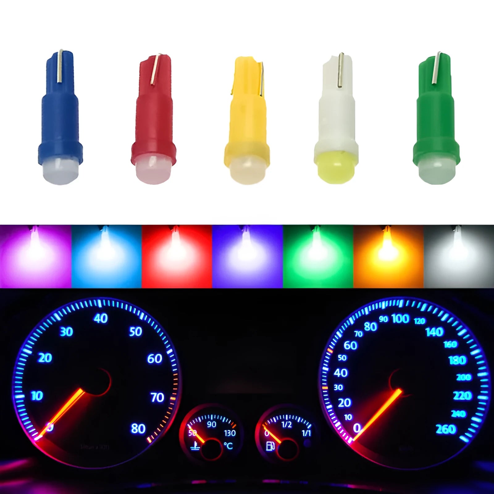 T5 LED car bulb in multiple colours for dashboard and instrument panel lighting