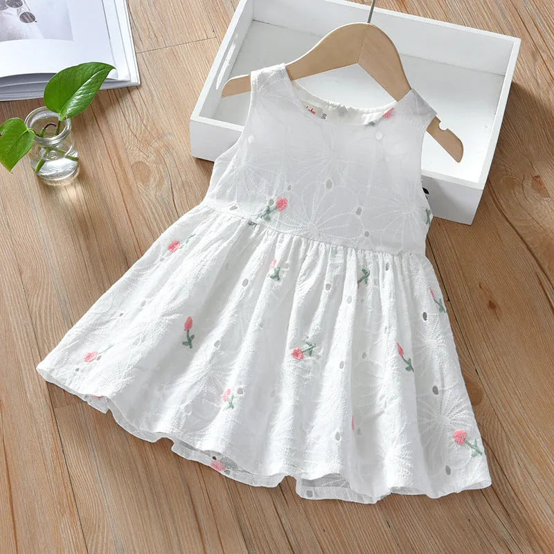 Girls summer floral sleeveless vest dress with full skirt and cotton lining in white small flowers