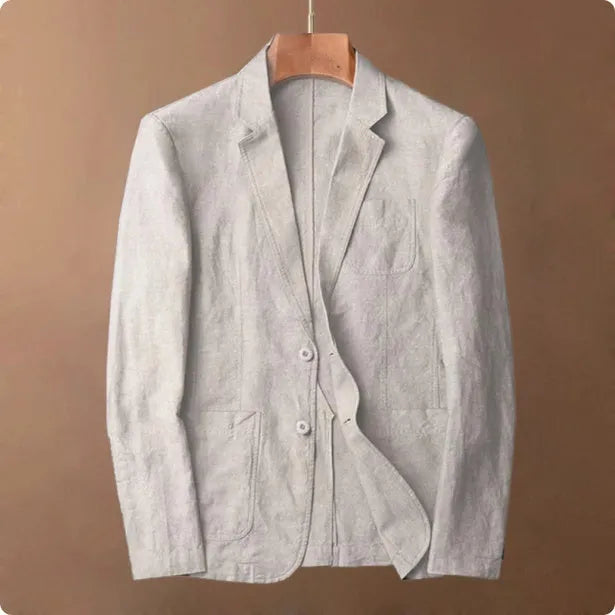 Men's thin solid colour linen coat with stick pockets on a hanger.