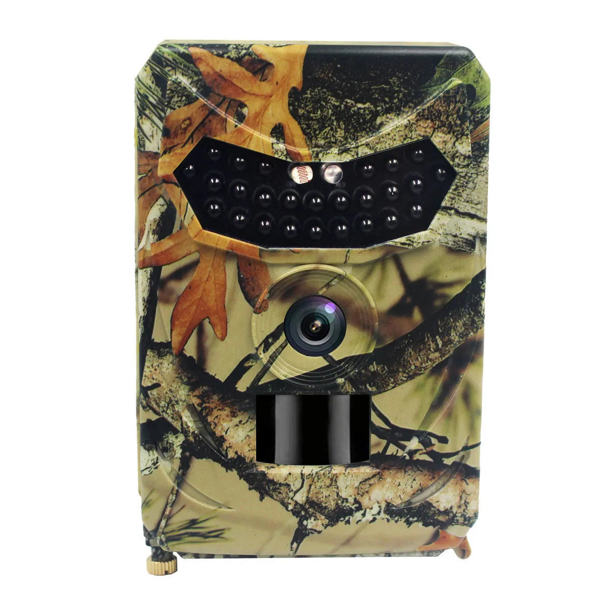Yellow brown plastic hunting game camera with wide lens showing dimensions 135x90x55mm