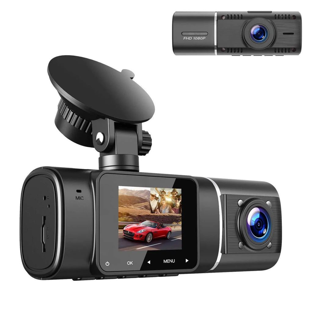 Black dual-channel dash cam with 1.5-inch screen mounted on car windscreen, showing front and rear view.
