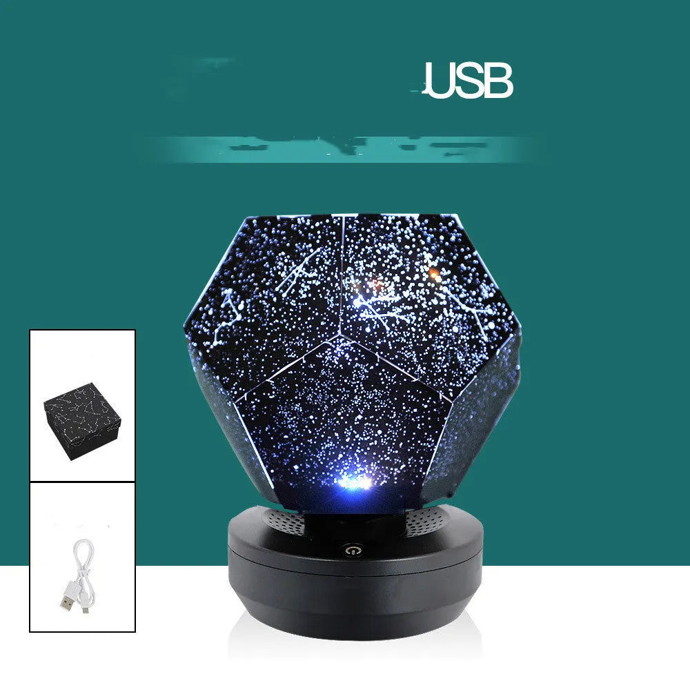 LED starry sky projector night lamp showing constellation projections on a bedroom ceiling with remote control