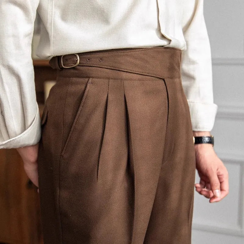 Men's high-waisted straight-leg casual trousers in polyester, shown in black, white, khaki, and coffee colours.