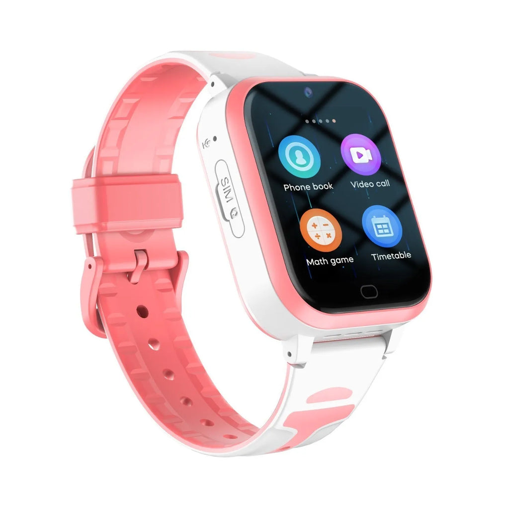 Child smart watch with 1.83-inch screen in black, blue, and pink colours showing video call function
