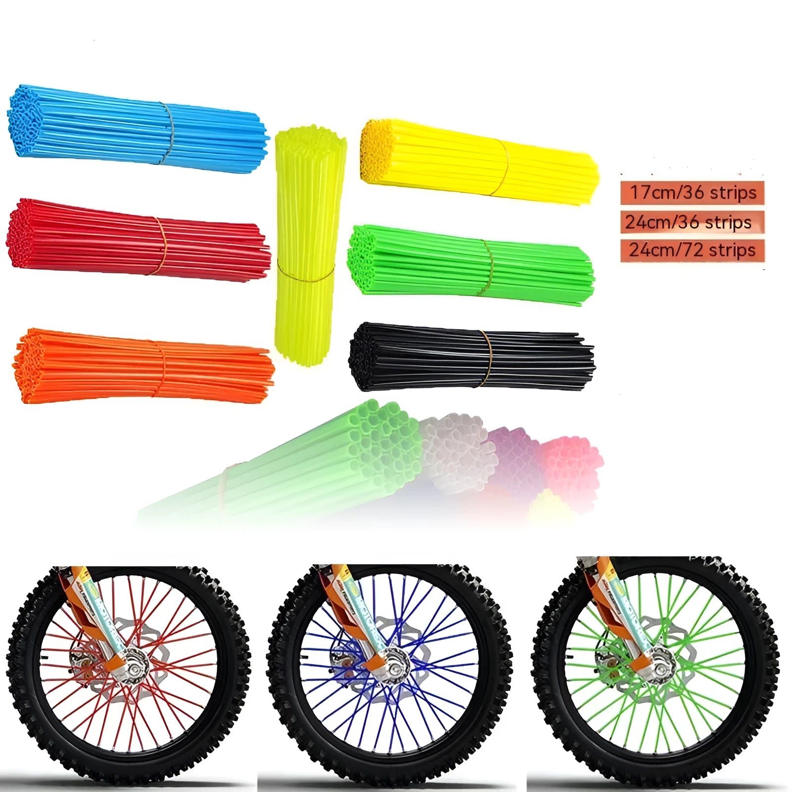 Motorcycle steel wire spoke decorations in assorted colours: red, blue, yellow, green, pink, purple, orange, white, and black.
