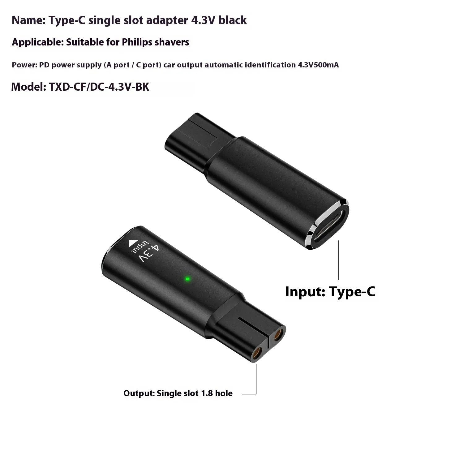USB C charging adapter for 4.3V electric shavers and hair clippers in black colour