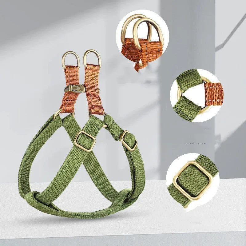 Vest style dog leash harness in brown colour with adjustable straps and alloy fasteners
