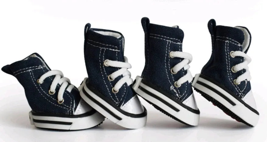 Pet denim canvas dog shoes in navy blue, waterproof non-slip sole, size options for small dogs