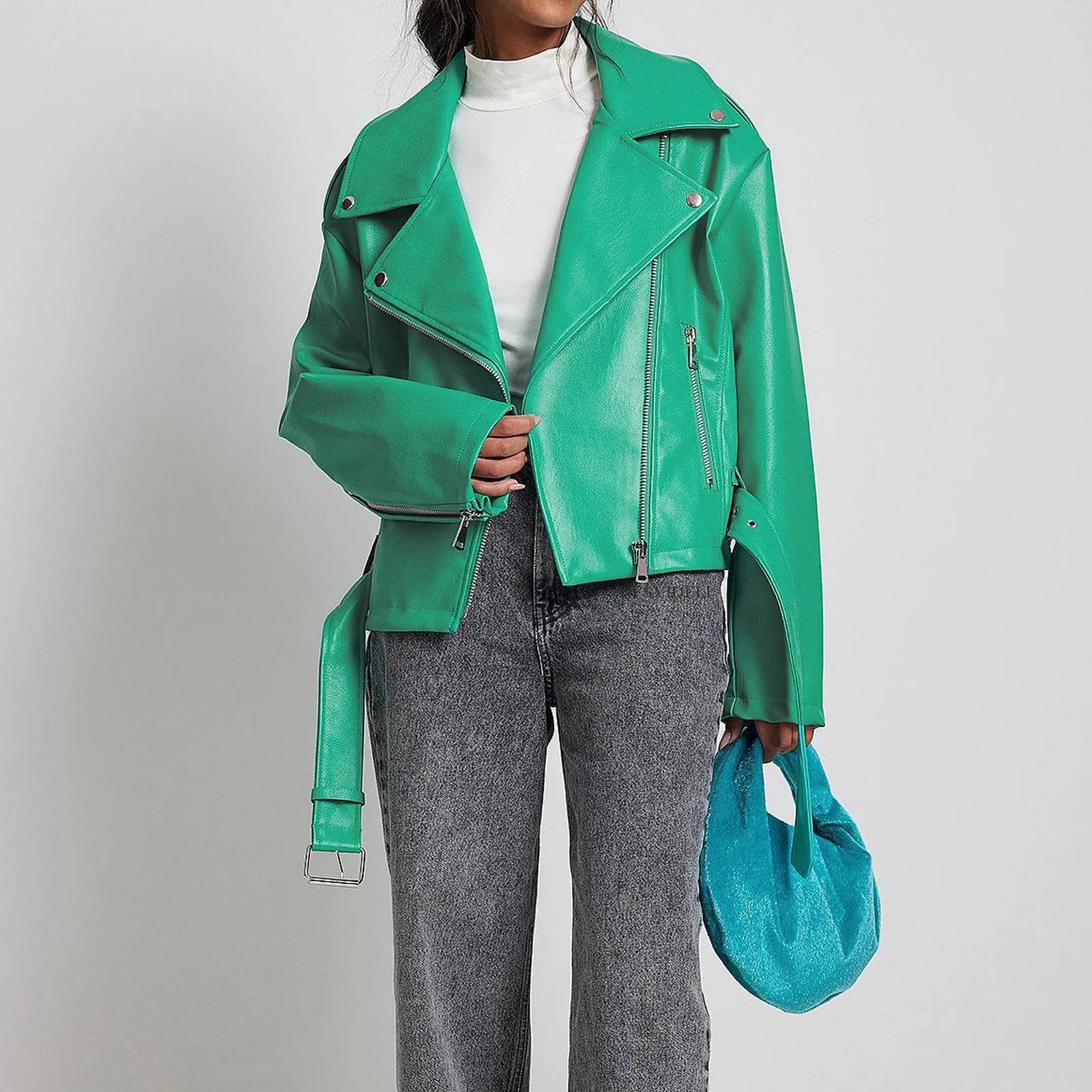 Black punk-style jacket with a Peter Pan collar and locomotive lapels, featuring a drawstring waist.