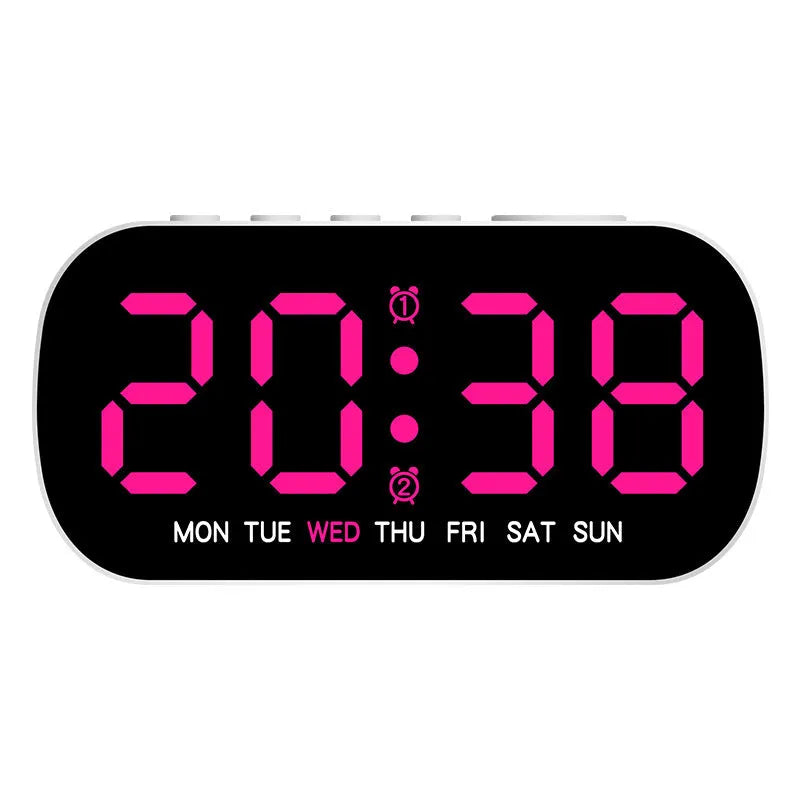 LED digital alarm clock with slim 10mm plastic shell in five colours including white, rose red, green, blue, yellow