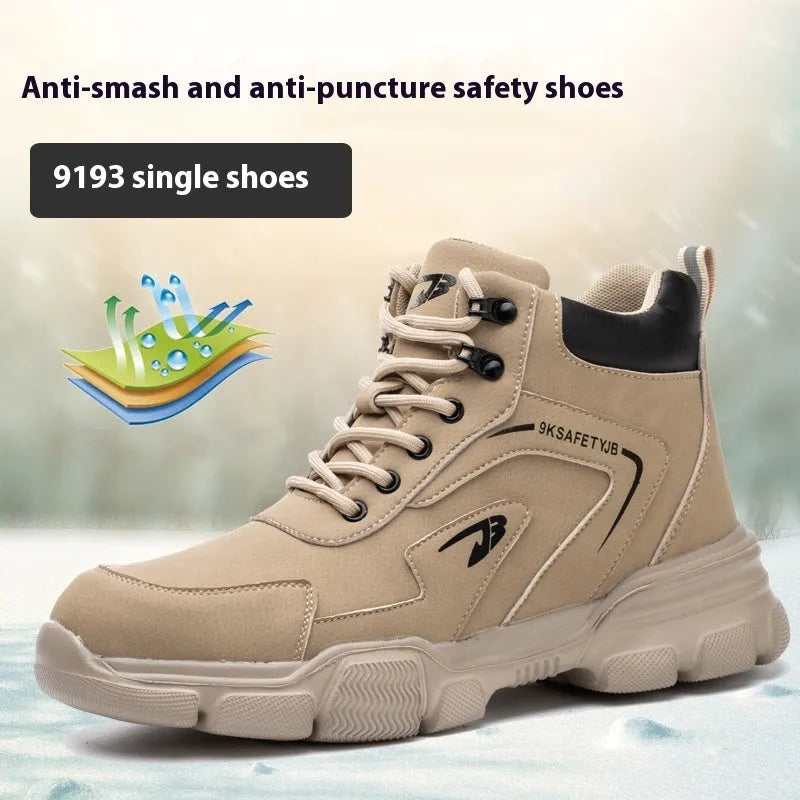 Brown leather labour protection safety shoes with a rubber sole, shown on a work site background.