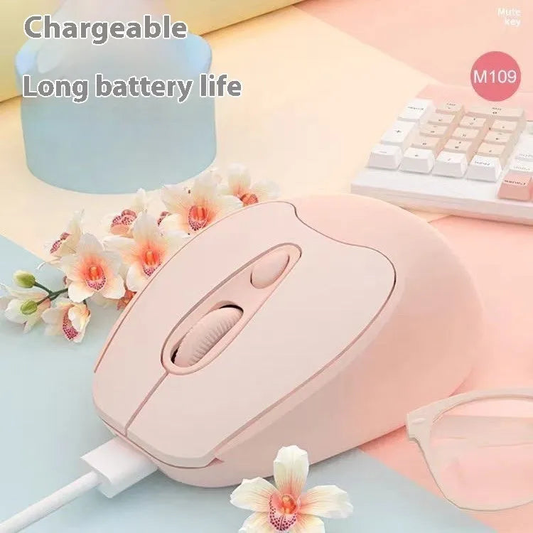Dual-mode Bluetooth wireless mouse in girl pink, milk tea pink, grey or green, with USB and mute click.