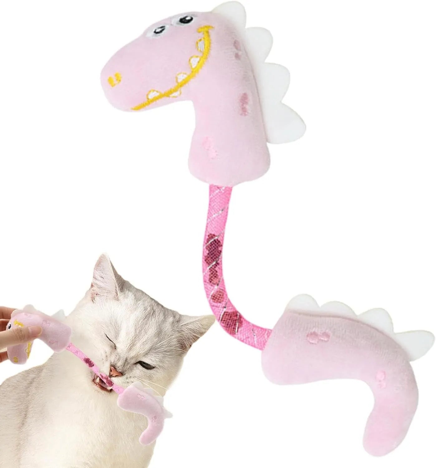 Set of four cat toys: plush chew toy, catnip rope, spring, and kicker toy on a pink background.