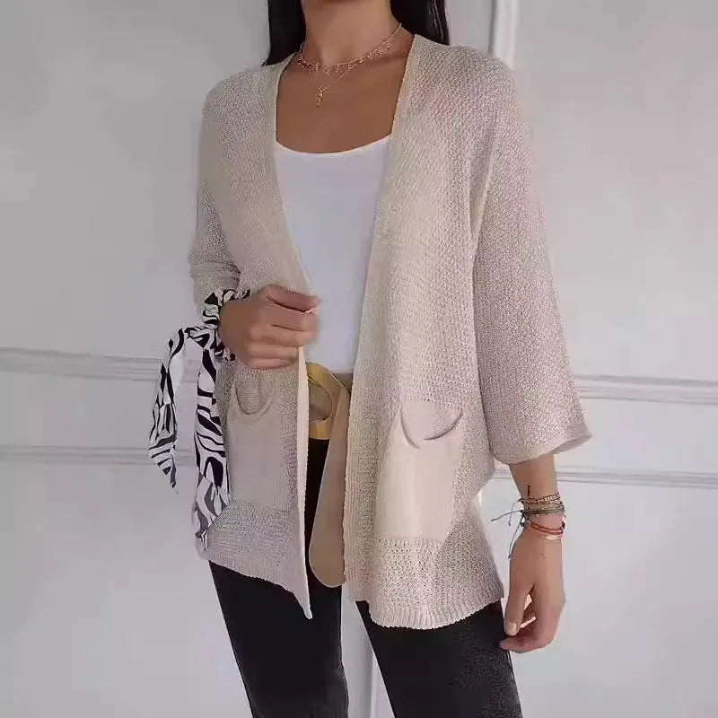 Women's thin waffle fabric cardigan coat with nine-quarter sleeves in army green colour.