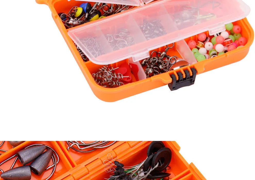 Weihe orange and black boxes containing 257 pieces of fishing lure hooks and accessories