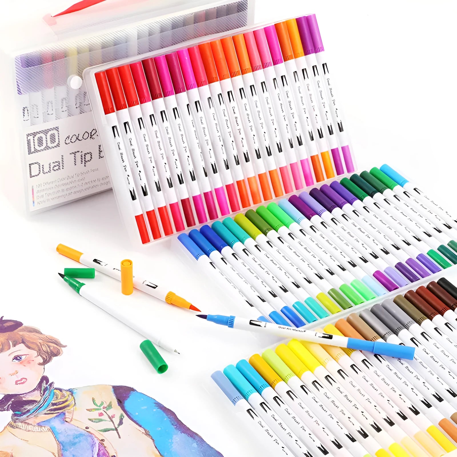 Set of watercolour pens in a case showing multiple vibrant colours for artistic use.