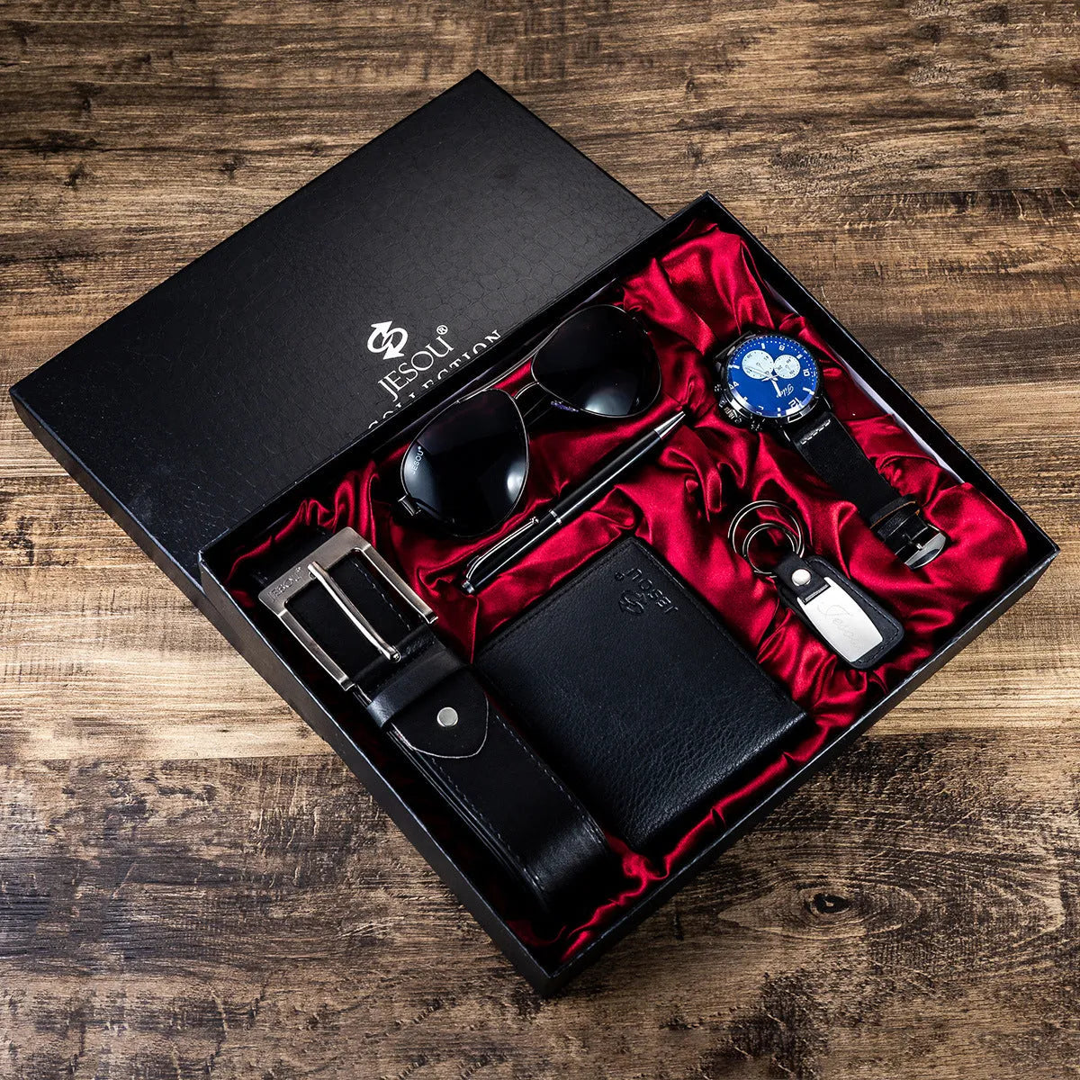 Men's casual quartz chronograph watch gift set black dial 40mm alloy case PU strap pin buckle