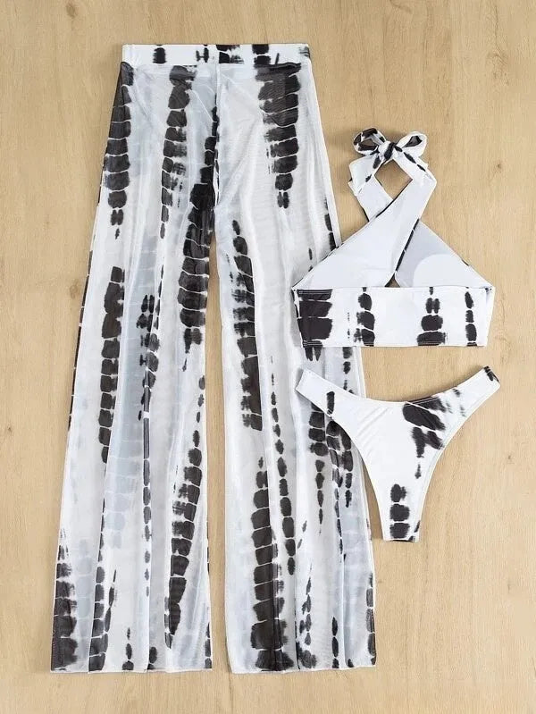 Women's three-piece mesh trousers style bikini swimsuit in black or blue printing