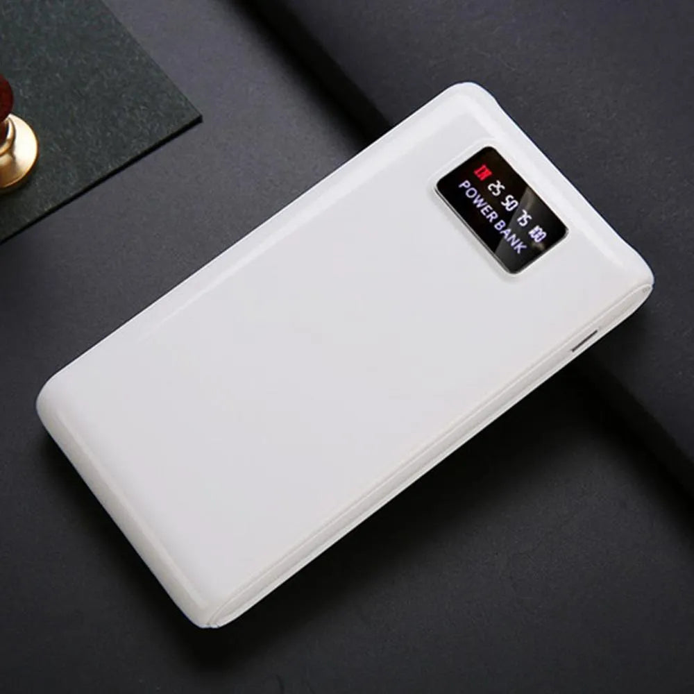 Black and white 18650 DIY power bank case showing battery slots and Type-C/Micro-USB ports.
