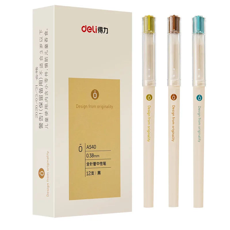 Box of 12 Deli A540 black gel pens with 0.38mm fine needle tube tips.