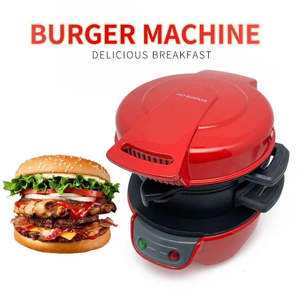 Bright red breakfast sandwich maker with egg cooking ring and waffle plates on kitchen counter