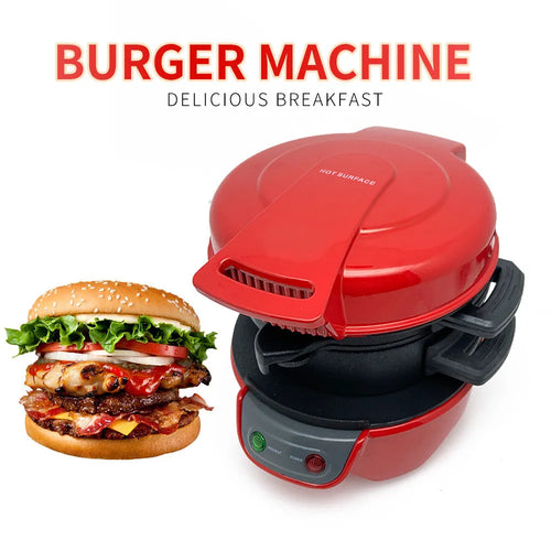 Bright red breakfast sandwich maker with egg cooking ring and waffle plates on kitchen counter